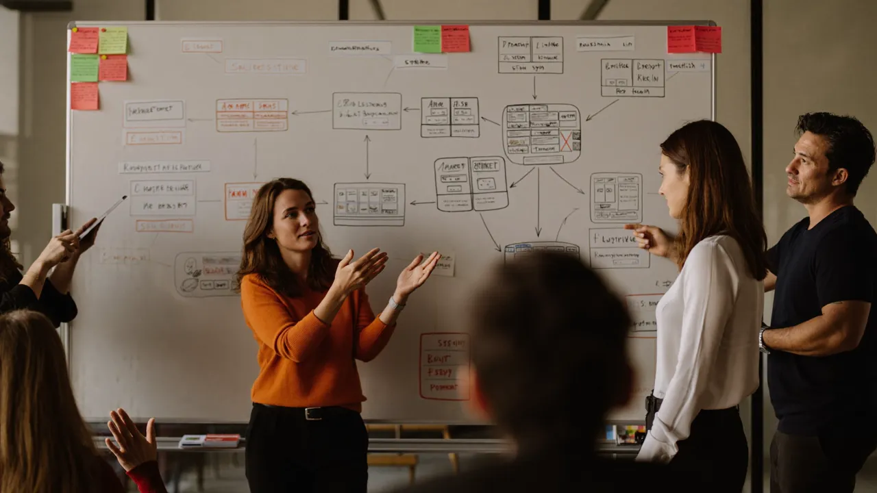 Team listening around a whiteboard of workflow sketches
