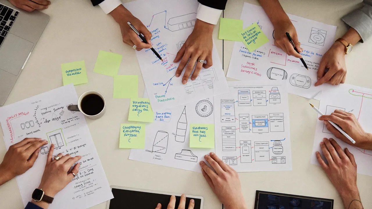 Overhead view of a table covered in diagrams and notes