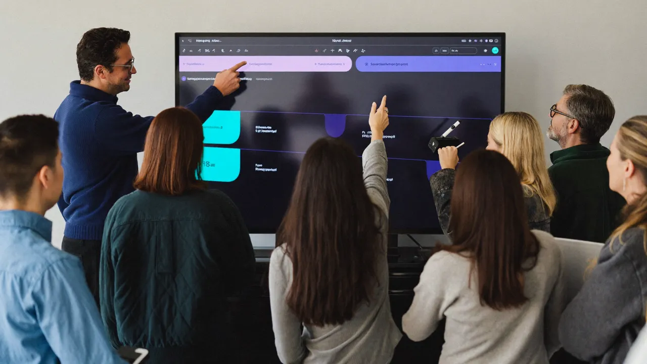 Team gathered around a touchscreen showing an early prototype