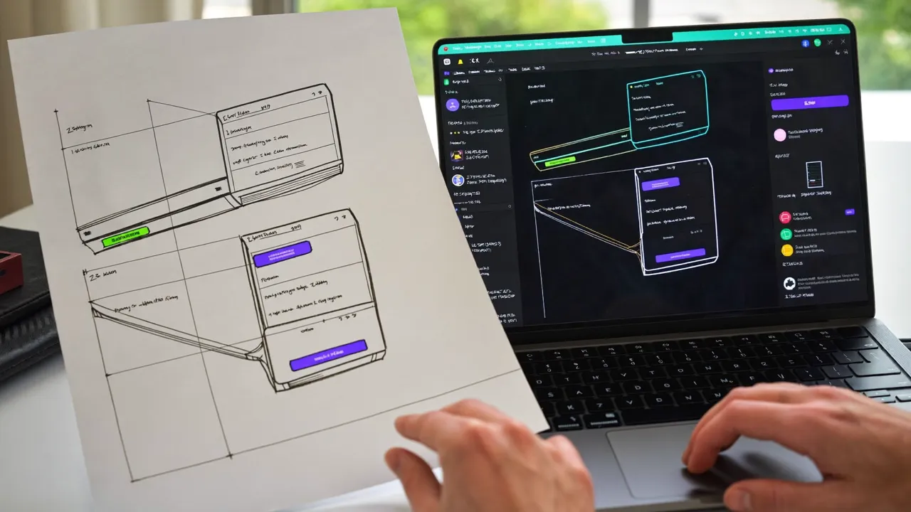 Hand-drawn wireframe sketches beside the finished application