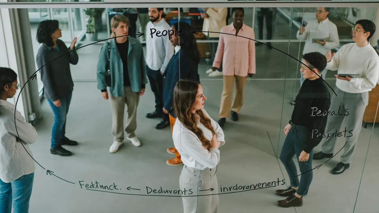 Circular feedback loop drawn on a glass whiteboard